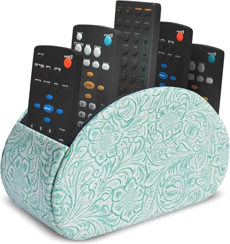 Vista 11 de QIELIZI Soporte para control remoto, organizador de escritorio de piel sintética con 5 compartimentos espaciosos para controles remotos de TV