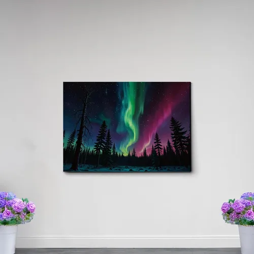 Vista 4 de Aurora Borealis, Northern Lights Art, framed canvas print, snow capped mountain landscape art, synthwave vaporwave, Canvas Art, Decor