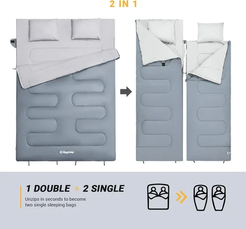 Vista 4 de KingCamp Saco de dormir tamaño Queen para adultos, parejas, XL, 20 grados y 2 personas, cálido y cómodo para acampar en familia