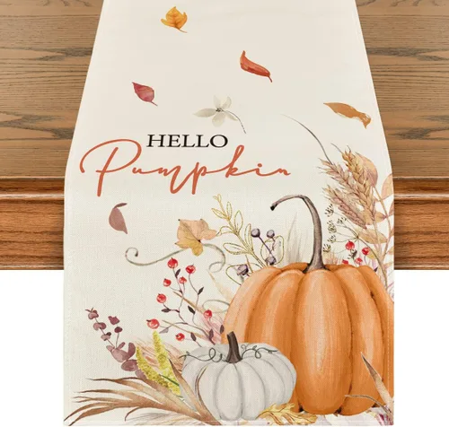 Vista 8 de Artoid Mode Aqua Hello - Camino de mesa de otoño con hojas de calabaza, decoración de mesa de comedor de cocina de otoño de temporada