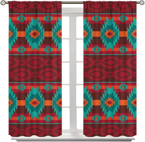 Vista 265 de Cortinas con patrón geométrico tribal, estilo suroeste, azteca, rústico, occidental, nativo americano, opacas, con bolsillo para barra, decoración