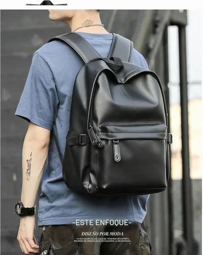 Vista 3 de Mochila de cuero para portátil impermeable de 14 pulgadas para negocios, Negro-a, Grande, Moda