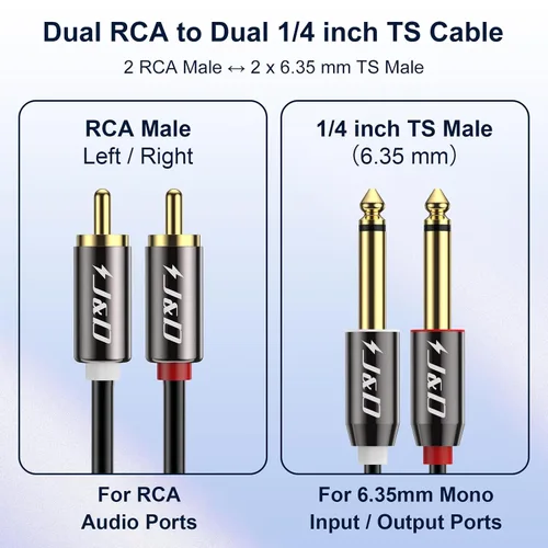 Vista 2 de J&D Cable de 1/4 a RCA, Carcasa de Cobre Chapado en Oro de Servicio Pesado 2X6.35mm TS a RCA Dual Cable de Interconexión de Audio Estéreo
