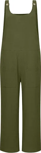 Vista 6 de Mannjin Overol casual de lino de algodón para mujer, con tirantes de botón, sin mangas, con bolsillo (0053-verde militar-L), Verde militar