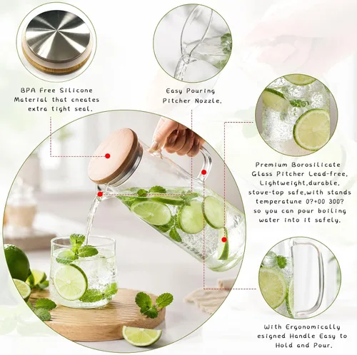 Vista 3 de hjn Jarra de vidrio con tapa, jarra de agua de vidrio con asa, jarra de agua para refrigerador, bebidas frías o calientes, té helado, leche, jugo