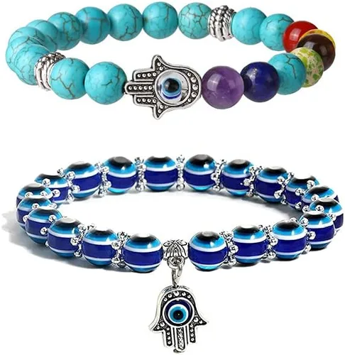Vista 8 de 2 Pulseras elásticas con cuentas azules de ojo malvado, 7 chakras, piedra de lava, mano de Hamsa