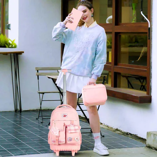 Vista 6 de AGSDON Mochila con ruedas para niñas, 21 pulgadas, con ruedas enrollables, para laptop, mochila escolar con bolsa de almuerzo para adolescentes