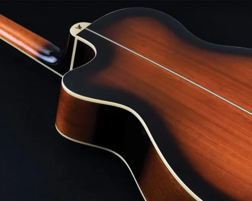 Vista 15 de Washburn Festival EA15 Mini Jumbo Cutaway, guitarra eléctrica acústica, ráfaga de tabaco Parte superior de arce figurada; Mini corte gigante
