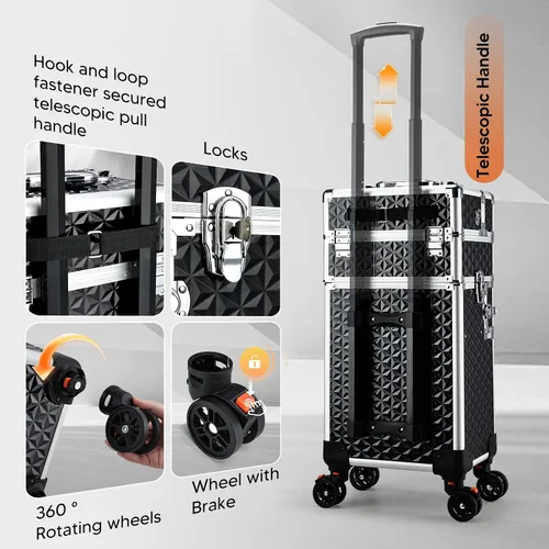Vista 7 de Estuche de maquillaje profesional rodante, 3 en 1, estuche de cosmetología sobre ruedas, carrito de maquillaje grande para peluquería y peluquería