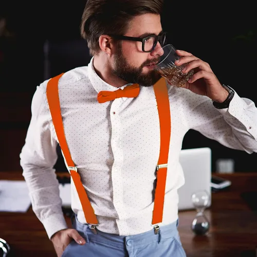 Vista 5 de 3 PCS KidsAdult Roleplay Costume, Orange Bow Tie Suspenders Glasses, Kids Birthday Party Supplies Dress Up Cosplay