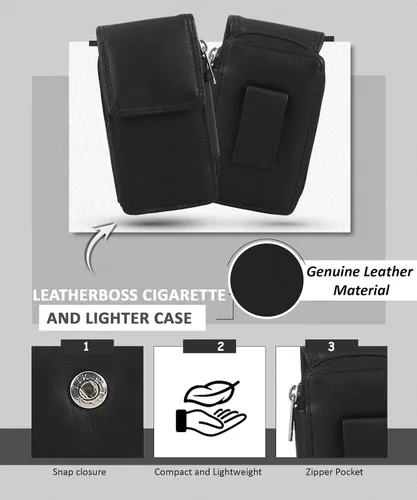 Vista 5 de Leatherboss - Estuche de cuero para cigarrillos con soporte para encendedor y bolsillo con cremallera (negro)