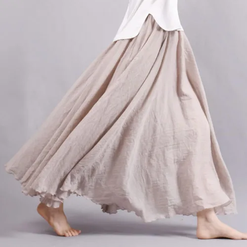 Vista 2 de ASHER FASHION Falda larga estilo bohemio con cintura elástica de algodón y lino para mujer Beige