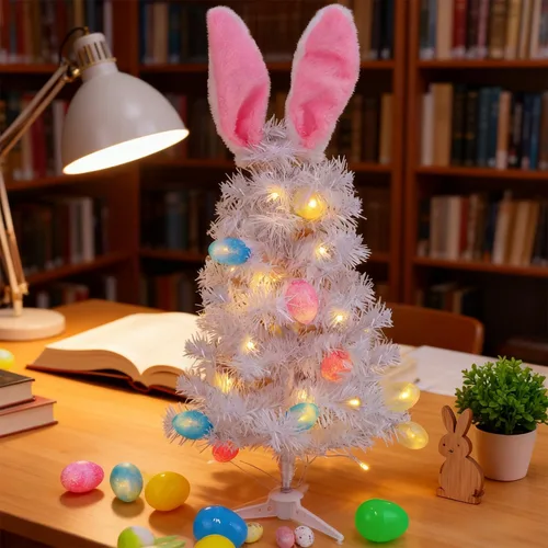 Vista 7 de Dynaming Decoraciones de mesa de Pascua, árbol blanco de conejo de Pascua iluminado de 23 pulgadas, árbol de mesa artificial preiluminado con orejas