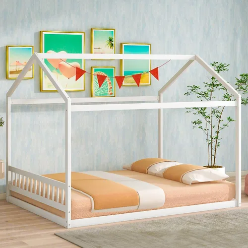 Vista 16 de Cama juguetona en forma de casa de tamaño matrimonial con estantes y luces, marco de cama de metal con techo para niños, adolescentes y adultos, un