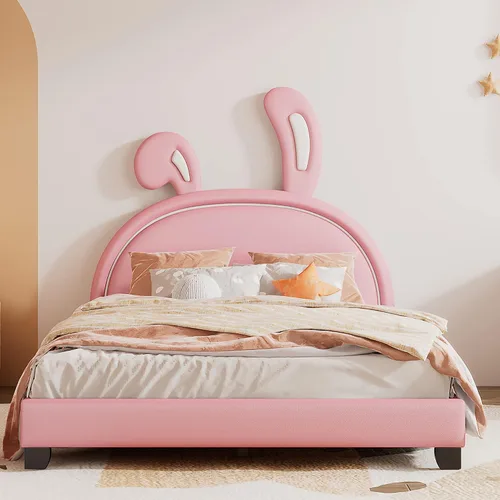 Vista 12 de Bonita cama tapizada de cuero con adorno de conejo, cama de plataforma de tamaño individual con cabecero y listones de madera, adecuada para niños