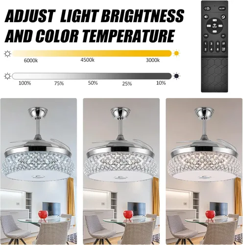Vista 4 de Lámpara de techo invisible de 42 pulgadas con luz y altavoz Bluetooth, moderna lámpara de ventilador de techo de cristal de 3 colores con control