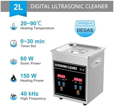 Vista 7 de Potente limpiador ultrasónico de 2 litros con temporizador digital de 120 W, 60 W para joyas, monedas, arte de uñas y artículos pequeños, solución