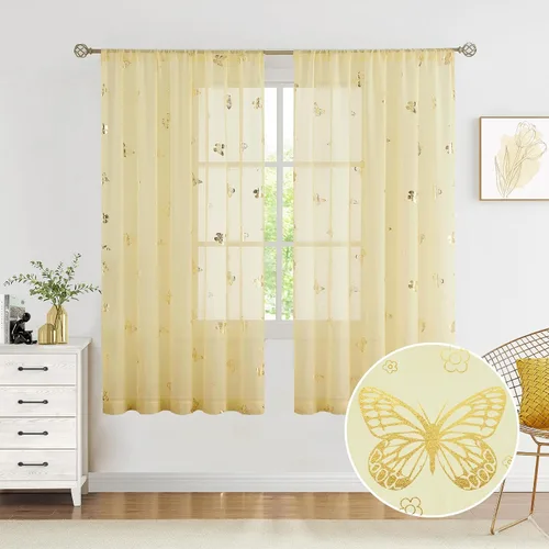 Vista 13 de Jubilantex Paneles de cortinas transparentes de mariposas negras y doradas de 52 pulgadas de ancho para dormitorio de niñas, elegantes cortinas