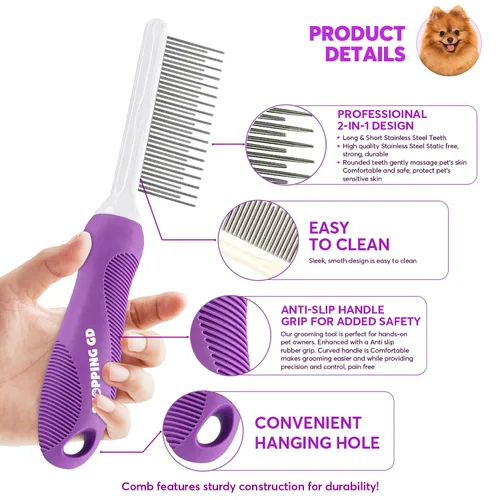 Vista 2 de Peine desenredante para mascotas para perros y gatos con dientes metálicos largos y cortos de acero inoxidable para eliminar enredos y nudos.