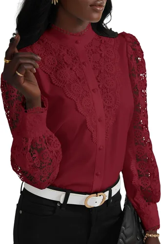 Vista 33 de Rooscier Blusa Elegante de Encaje de Crochet con Cuello Alto Simulado de Manga Larga con Botones para Mujer Top
