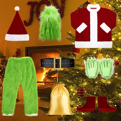 Vista 5 de Christmas Green Santa Costume Adult Deluxe Furry Santa Costumes Halloween Cosplay Outfit for Men