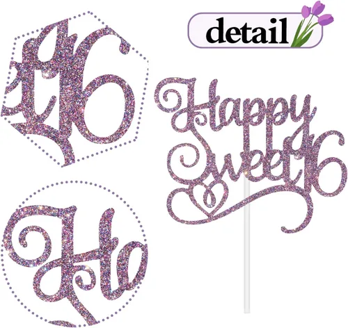Vista 6 de Happy Sweet 16 - Decoración para tartas de cumpleaños de 16 años, decoraciones de feliz cumpleaños de 16 años para niñas y niños, purpurina morada