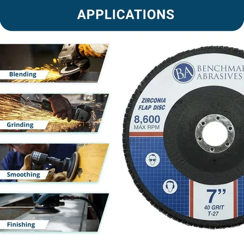 Vista 4 de Benchmark Abrasives Discos de solapa tipo 27 de circonita jumbo de alta densidad de 7 x 7/8 pulgadas para amoladora angular, discos de lijado de 7