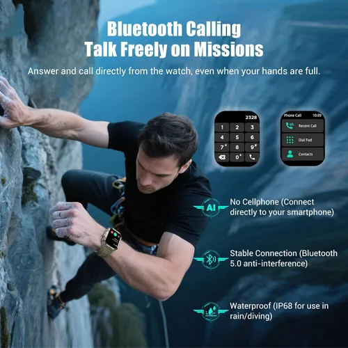 Vista 5 de Relojes inteligentes militares para hombres, reloj inteligente para Android iPhone con gran pantalla HD de 2.01 pulgadas, linterna, batería de 100