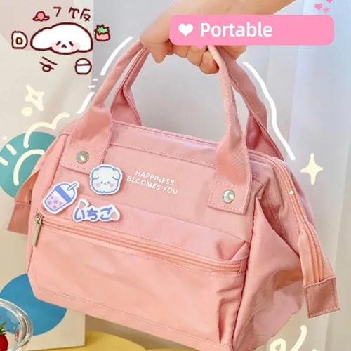 Vista 2 de Lonchera Kawaii con pines kawaii, bonita bolsa de almuerzo estética para mujeres y niñas, bolsa grande con insulto, suministros escolares kawaii Azul