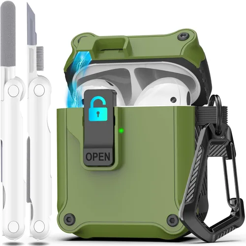 Vista 58 de R-fun Funda de carga compatible con AirPods de 2ª generación 2019, 1ª generación 2016, protección completa contra caídas, tapa desplegable
