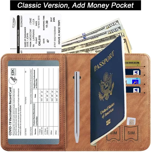 Vista 2 de Portatarjetas de pasaporte y vacuna combinada, funda tipo cartera, cartera de viaje de cuero con bloqueo RFID para hombres y mujeres, Marrón