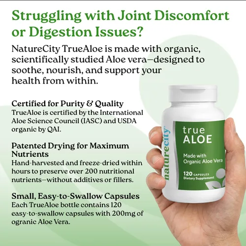 Vista 2 de NatureCity True-Aloe 80,000 mg equivalente de gel de aloe vera por porción, fabricado con aloe vera orgánico (120 cápsulas) soporte digestivo