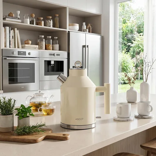 Vista 7 de ASCOT Hervidor eléctrico, interior de acero inoxidable de 1,5 L, sin plástico, 1500 W de ebullición rápida, diseño retro, apagado automático