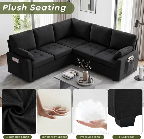 Vista 4 de Huatean Home Sofá extraíble de 82 pulgadas con almacenamiento, sofá cama, sofás modulares en forma de L de 5 asientos para sala de estar, felpilla