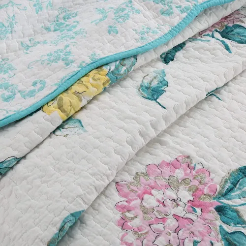Vista 3 de Juego de edredón floral de hortensias de 3 piezas, ropa de cama de dormitorio 100% algodón, tamaño matrimonial/queen