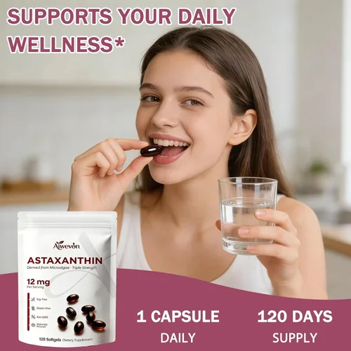 Vista 2 de Suplemento de astaxantina de 12 mg de cápsulas blandas, astaxantina natural de microalgas con aceite MCT para absorción, potente apoyo antioxidante