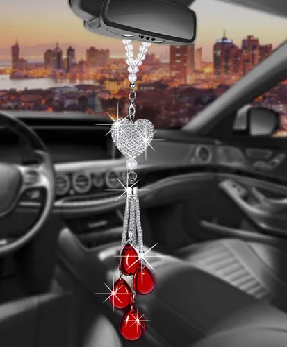 Vista 7 de Glamorosa decoración colgante de espejo de coche con cabeza de zorro azul oscuro, adorno de automóvil con temática animal para mujeres y hombres