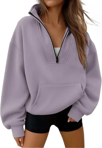 Vista 10 de Trendy Queen - Sudaderas con medio cierrey capucha de gran tamaño, comoda, extragrande, para otoño, Y2K, ropa de invierno, 2024 Gris