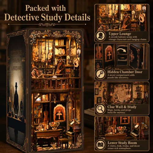 Vista 6 de NFEHGXAE Kits de rincón de libros para adultos, kit de casa de muñecas en miniatura con luces LED, rompecabezas de madera 3D, adolescentes