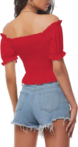 Vista 2 de LYANER Blusa corta de manga corta fruncida con hombros descubiertos para mujer