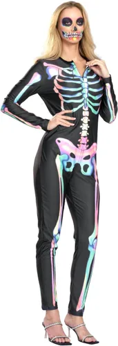 Vista 2 de Seasons Disfraz de esqueleto de Halloween para mujer, patrón colorido de doble cara, luz negra reactiva