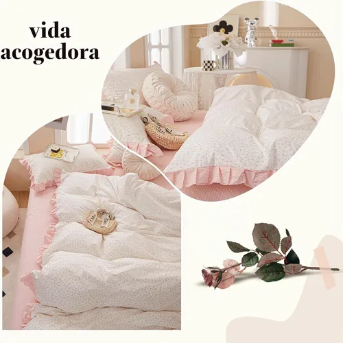 Vista 7 de Funda de edredón de flores rosadas, tamaño individual, elegante, con volantes, funda de edredón de encaje de algodón, juego de ropa de cama floral