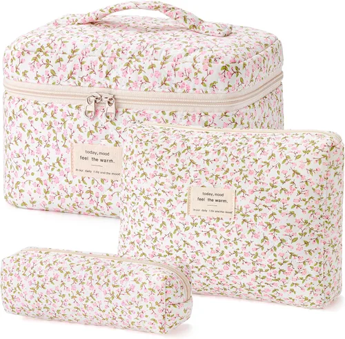 Vista 24 de HBselect Bolsa de Maquillaje Acolchada, 3 Piezas de Gran Bolsa de Maquillaje de Viaje de Algodón, Linda Bolsa de Maquillaje Floral Coquette, Bolsa