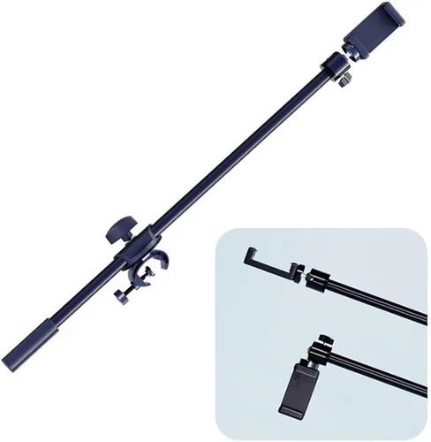 Vista 2 de Soporte de micrófono giratorio con clip de micrófono y soporte para teléfono, soporte de extensión de 21.7 in para montaje en trípode, ajustable