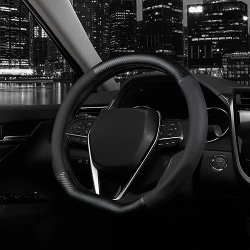 Vista 2 de Funda para volante en forma de D, protector de cuero de alta calidad para volante de automóvil, diseño deportivo de fibra de carbono, antideslizante