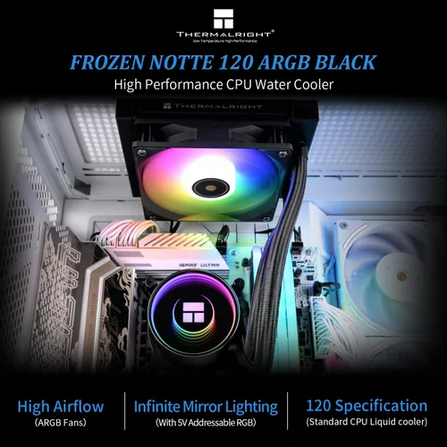 Vista 3 de Thermalright Frozen Notte 120 ARGB - Enfriador de CPU líquido negro con ventilador ARGB de 120 mm y PWM - Hasta 2000 RPM, para AMD/AM4/AM5, Intel