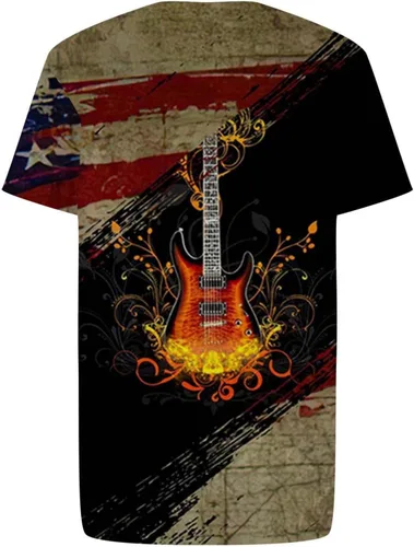 Vista 3 de HOOMEUMY Camiseta de manga corta para hombre, retro, con estampado de guitarra en 3D, para verano, cuello redondo, casual, deportes, entrenamiento
