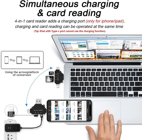 Vista 5 de Lector de tarjetas SD 4 en 1 para iPhone, iPad, Android, Mac, PC, cámara, lector de tarjetas micro SD, adaptador de tarjetas SD portátil, lector