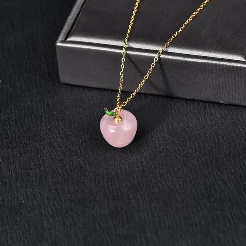 Vista 3 de ZPMMPZ Collar de manzana, collar de cuarzo rosa, collar de cuarzo rosa manzana, collar con colgante de manzana de cristal rosa para mujeres y niñas