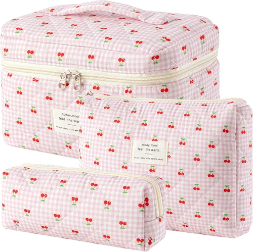 Vista 44 de HBselect Bolsa de Maquillaje Acolchada, 3 Piezas de Gran Bolsa de Maquillaje de Viaje de Algodón, Linda Bolsa de Maquillaje Floral Coquette, Bolsa